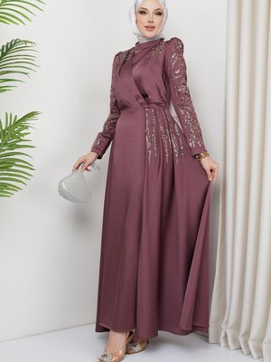 Önü Kolları Pul Ve Taş Detaylı Saten Abiye Elbise Gül Kurusu Önü Kolları Pul Ve Taş Detaylı Saten Abiye Elbise Gül Kurusu