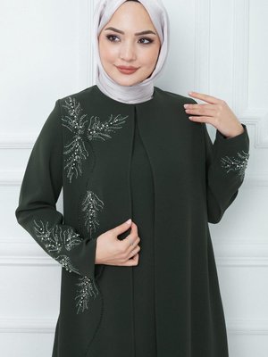 Büyük Beden Yaprak Taşlı Anne Elbisesi Haki