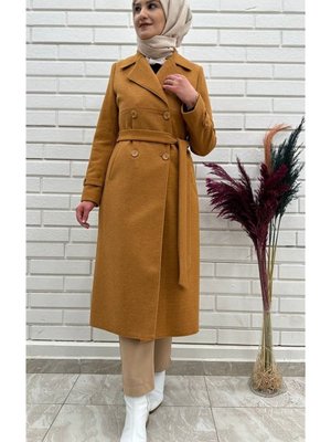 Taba Çift Düğmeli Trençkot Kaban, Kruvaze Yaka Kaşe Kaban