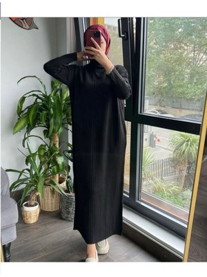 Kadın Fitilli Triko Elbise Siyah Renk