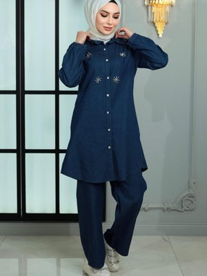 Düğmeli Taş Detaylı Kot Takım Koyu Mavi