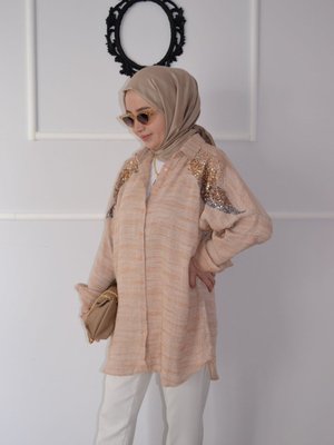Oversize Omzu Payet Nakış Tesettür Gömlek Tunik