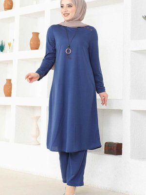 Kolyeli Tunik & Pantolon İkili Takım İndigo