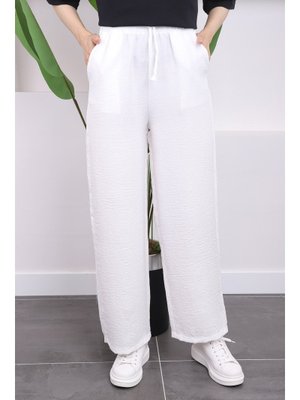 Ekru Bel Lastikli Cepli Keten Pantolon Ekru Bel Lastikli Cepli Keten Pantolon