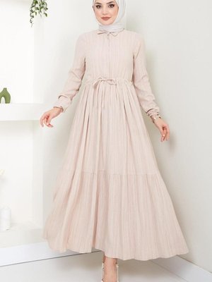 Beli Büzgülü Lara Elbise Bej Beli Büzgülü Lara Elbise Bej