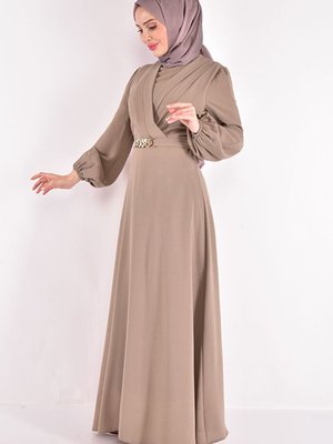 Zincir Kemerli Abiye Elbise Bej