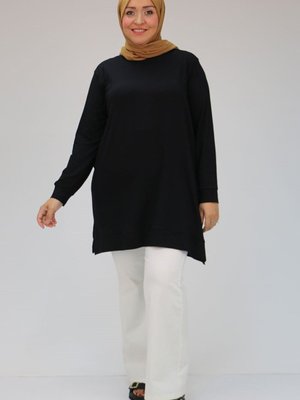 Siyah Büyük Beden Manşetli Penye Tunik