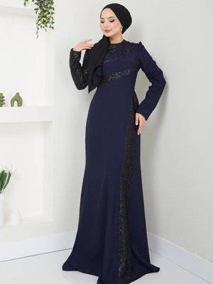 Pul Detaylı Balık Elbise Lacivert