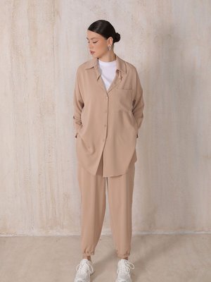 Bej Dubai Krep Gömlekli Takım Bej Dubai Krep Gömlekli Takım