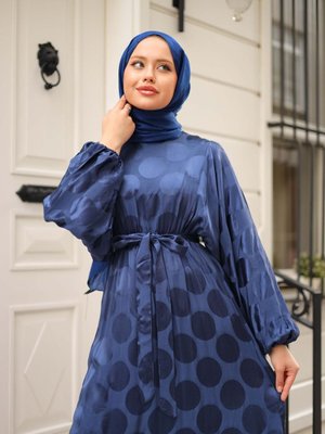 Jakarlı Beli Lastikli Pamuk Uzun Ada Elbise Lacivert