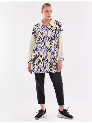 Fermuarlı Soyut Desen Ceket Lila Beyaz