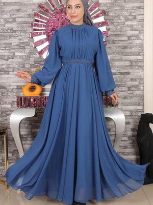 Taş Detaylı Şifon Abiye Elbise İndigo