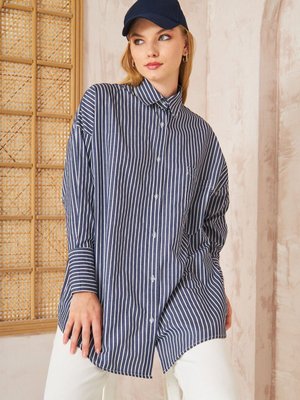 Oversıze Çizgili Gömlek Lacivert Oversıze Çizgili Gömlek Lacivert