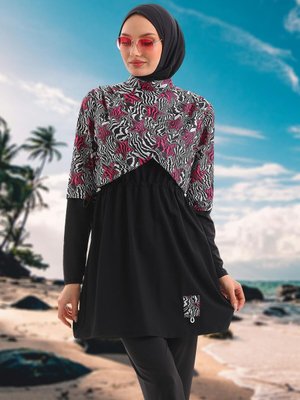 Yıldız Desenli Omuzda Pile Detaylı Parça Tam Kapalı Mayo