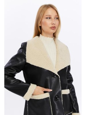 Kürk Detaylı Suni Deri Mont Siyah