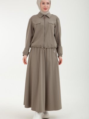 Paraşüt Kumaşlı Önden Fermuarlı Etekli Küf Yeşili Takım