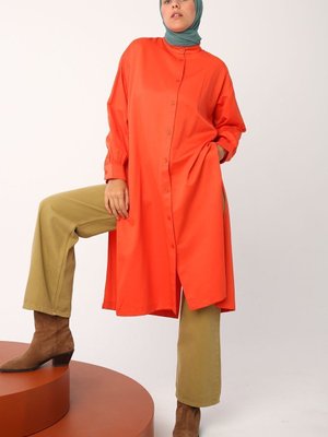 Turuncu Önü Arkası Düğmeli Derin Yırtmaçlı Gömlek Tunik