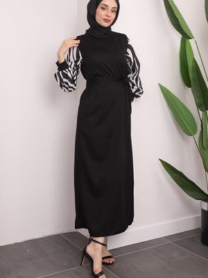 Siyah Uzun Boy Zebra Desenli Elbise Siyah Uzun Boy Zebra Desenli Elbise