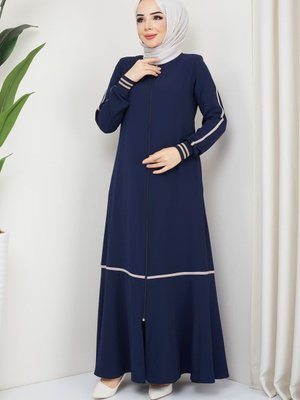 Lacivert Kol Ribanalı Şeritli Medine Ipeği Ferace Lacivert Kol Ribanalı Şeritli Medine Ipeği Ferace