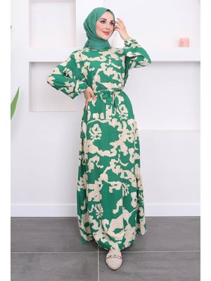 Yeşil Büyük Beden Desenli Kuşaklı Viscon Elbise
