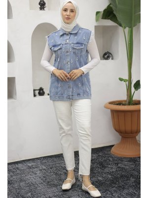 Mavi İnci Detaylı Kot Yelek