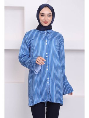 İndigo Çift Düğmeli Çizgili Kol Piliseli Tunik İndigo Çift Düğmeli Çizgili Kol Piliseli Tunik