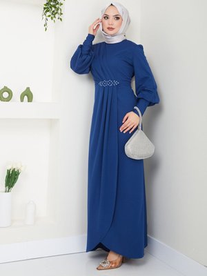 Aplike Taşlı Uzun Günlük Abiye Elbise İndigo