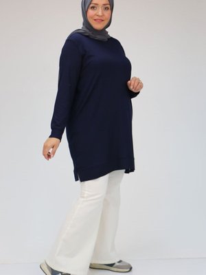 Lacivert Büyük Beden Manşetli Penye Tunik