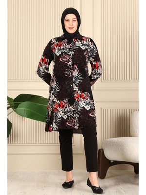 Siyah Büyük Beden Düğmeli Viskon Gömlek Tunik