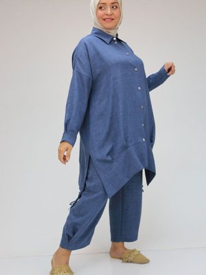 İndigo Büyük Beden Pile Detaylı Düşük Kol Pantolonlu Takım İndigo Büyük Beden Pile Detaylı Düşük Kol Pantolonlu Takım