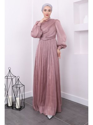 Pudra Yaka Detaylı Balon Kol Abiye Elbise