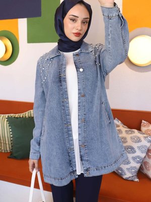 Mavi Ön Taş Detaylı Kot Ceket