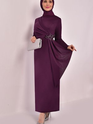 Kemeri Taşlı Asimetrik Kalem Abiye Elbise Mürdüm