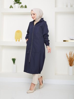 Kadın Tesettür Kapüşonlu Kol Lastikli Trenç Kot Kadın Tesettür Kapüşonlu Kol Lastikli Trenç Kot