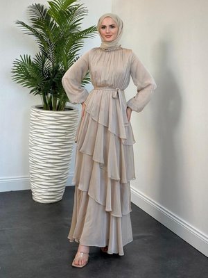 Funda Kat Kat Abiye Elbise Bej
