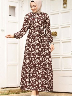 Çiçek Desenli Beli Kuşaklı Volanlı Elbise Kahverengi