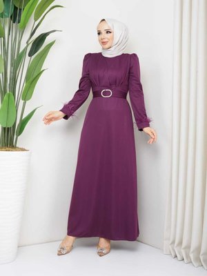 Kolu Tüylü Abiye Elbise Mürdüm