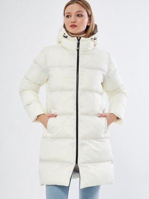 Bej Içi Elyaflı Kapüşonlu Rüzgar Geçirmez Uzun Şişme Kışlık Mont