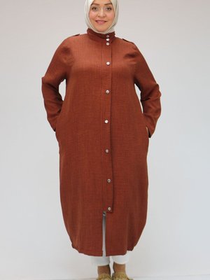 Kahve Büyük Beden Çıtçıt Detaylı Fermuarlı Kap