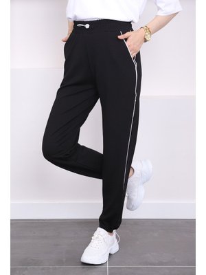 Siyah Bel Paça Lastikli Cepli Pantolon