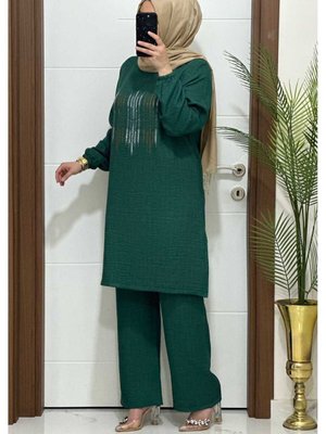 K Zümrüt Tunık Pantolon Takım Buyuk Beden Keten Kumaş Yeni Sezon