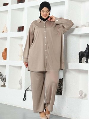 Büyük Beden Double Örme Gömlekli Takım Vizon