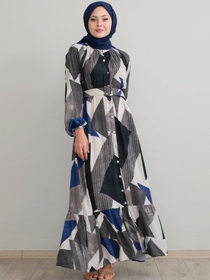 Geometrik Desen Kemerli Antrasit Viskon Elbise
