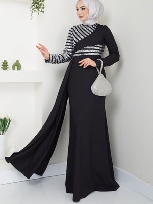 Pul Payet Pelerinli Balık Abiye Elbise Gümüş