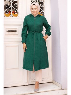 Zümrüt Yeşili Beli İp Büzgülü Kapüşonlu Kap