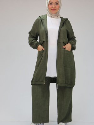 Haki Büyük Beden Biye Detaylı Pantolonlu Takım Haki Büyük Beden Biye Detaylı Pantolonlu Takım