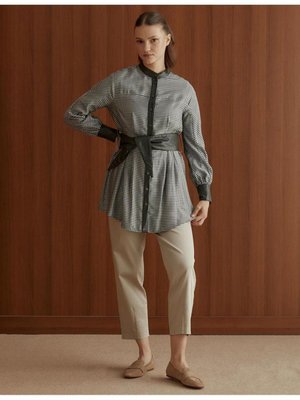 Kaz Ayağı Desenli Garnili Nefti Taş Tunik