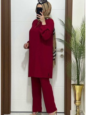 K70 Kırmızı Fermuarlı Tunik Pantolon Aerobin Kumaş İkili Takım Buyuk Beden Yeni Sezon