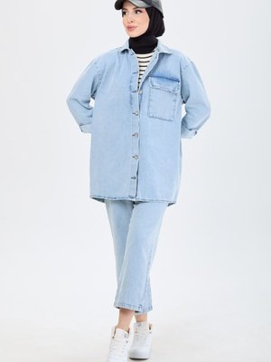 Düz Gömlek Yaka Mavi İkili Kot Takım