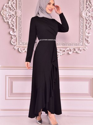 Eteği Volanlı Kemeri Taşlı Abiye Elbise